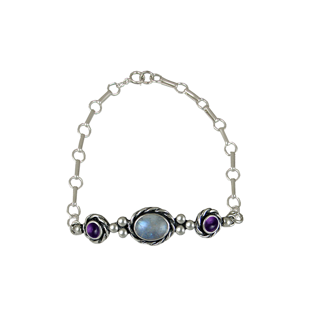Sterling Silver Gemstone Adjustable Chain Bracelet With Rainbow Moonstone And Amethyst